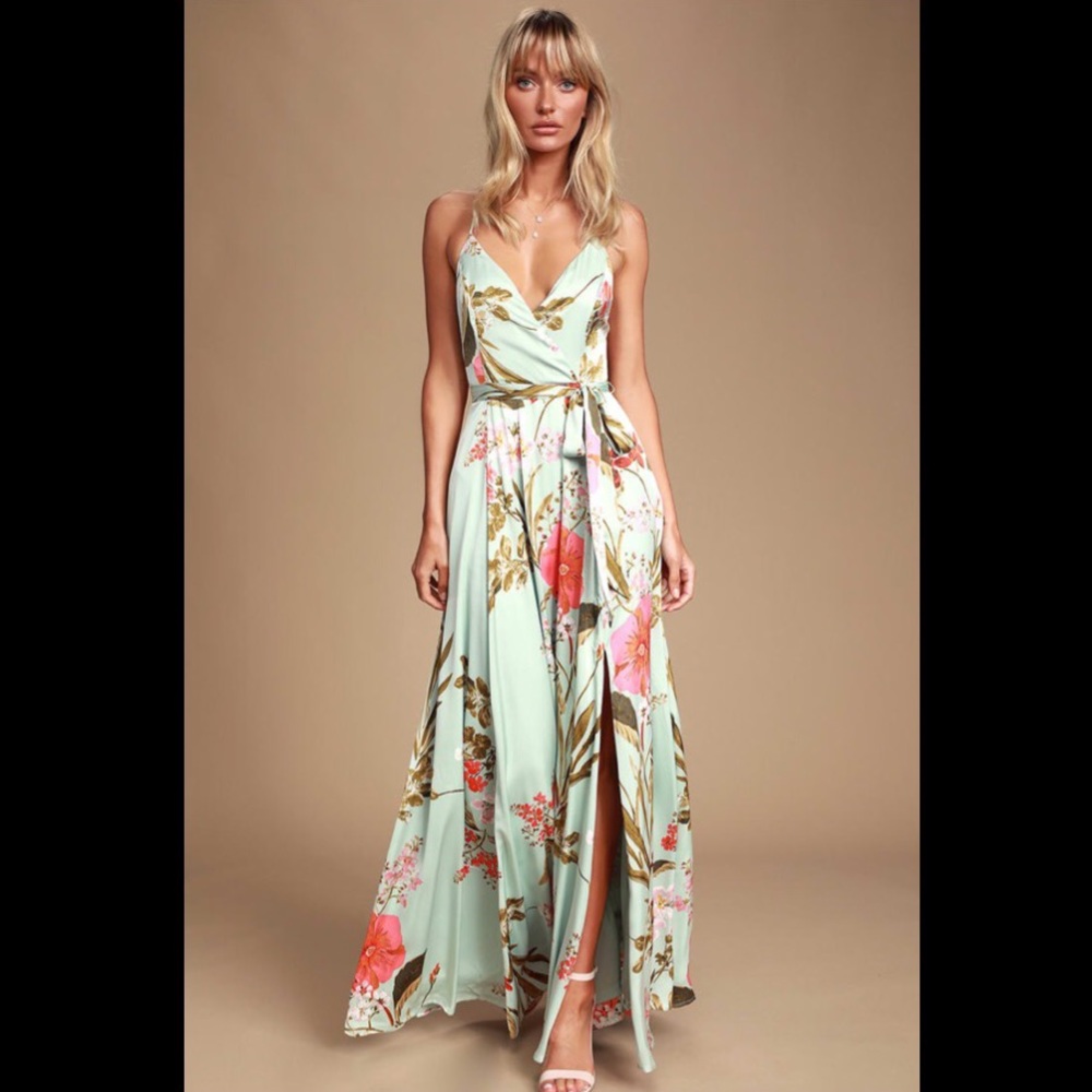 Lulus “Still the One Sage Floral Satin Maxi” Sz M